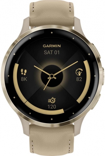 GARMIN Venu 3S 41mm Soft Gold Bezel with French Gray Leather Strap + Extra Silicone Band 010-02785-55