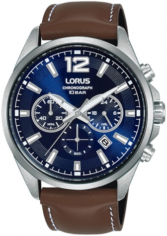 LORUS Sport Chronograph 44mm Silver Stainless Steel Leather Strap RT387JX-9