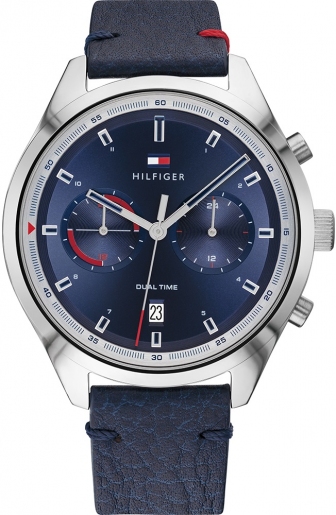 TOMMY HILFIGER Bennett Dual Time Multifunction 44mm Silver Stainless Steel Leather Strap 1791728