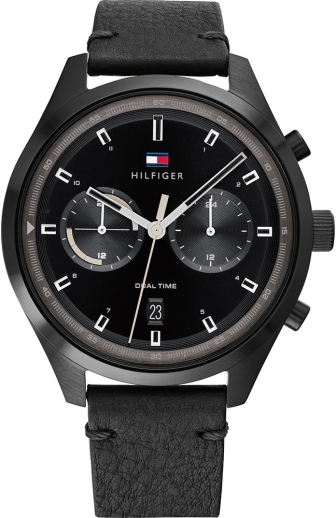 TOMMY HILFIGER Bennett Dual Time Multifunction 44mm Black Stainless Steel Leather Strap 1791731