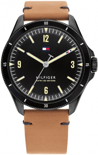TOMMY HILFIGER Maverick Three Hands 42mm Black Stainless Steel Leather Strap 1791906