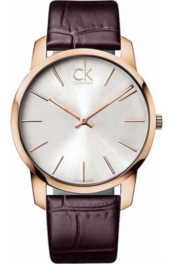 CALVIN KLEIN City Three Hands 43mm Rose Gold Stainless Steel Leather Strap K2G21629