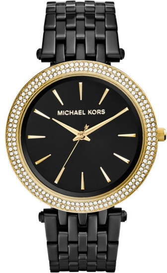 MICHAEL KORS Darci Crystals Three Hands 33mm Gold & Black Stainless Steel Bracelet MK3322