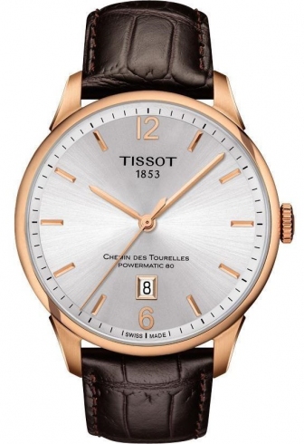 TISSOT Chemin des Tourelles Three Hands 42mm Powermatic 80 Rose Gold Stainless Steel Leather Strap T099.407.36.037.00