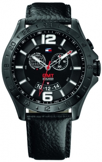 TOMMY HILFIGER Baron GMT Black Plated Leather Strap 1790972